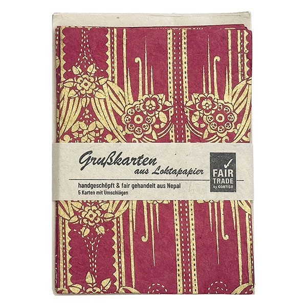 5 Karten mit Umschlag BAROQUE beere-gold, Lokta / CONTIGO Fairtrade Onlineshop