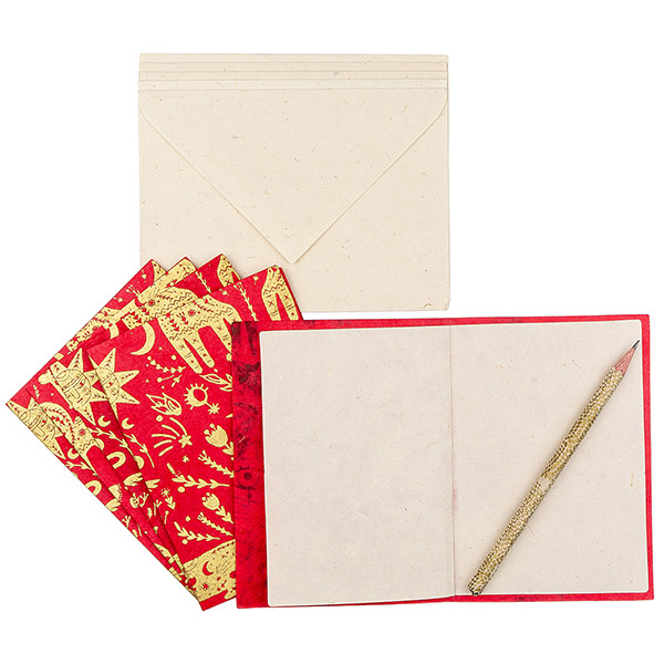 5 Karten mit Umschlag NORDIC rot-gold, Loktapapier / CONTIGO Fairtrade Onlineshop
