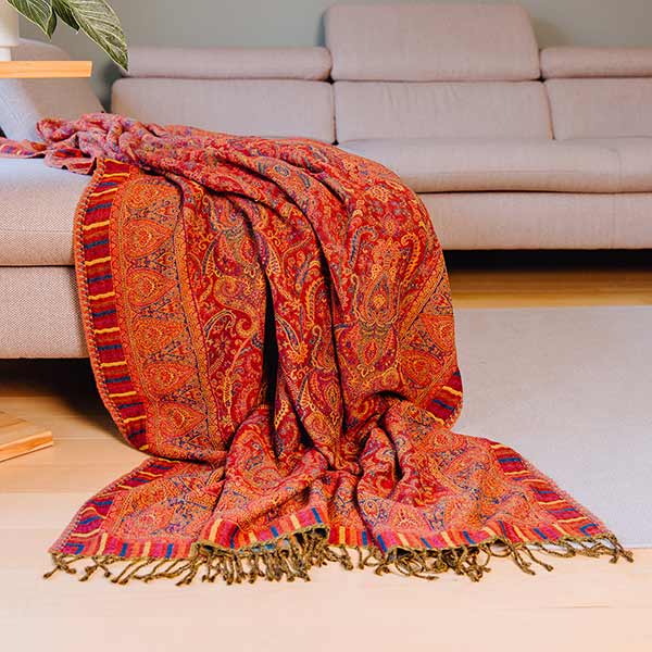 Wolldecke Plaid 200x140, PAISLEY, rot-curry, 100 % Wolle