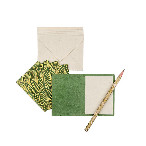 5 Mini Karten mit Umschlag FEATHERS piniengrün-gold, Lokta / CONTIGO Fairtrade Onlineshop