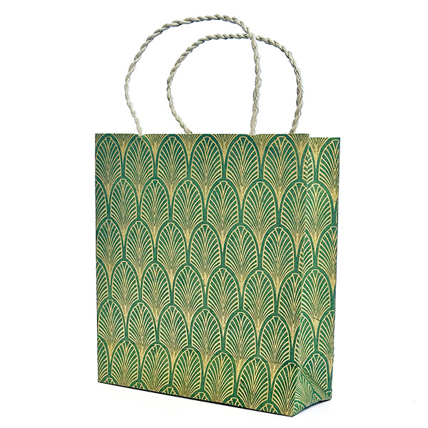 Geschenktüte M FEATHERS piniengrün-gold, Loktapapier handgeschöpft