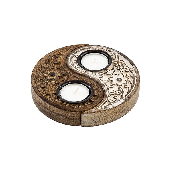 Teelicht-Halter YINYANG handgeschnitzt, Mangoholz