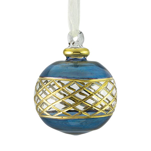 Glaskugel SCHRAFFUR 5cm, blau-gold. Goldbemalung mit 14 Karat Gold.