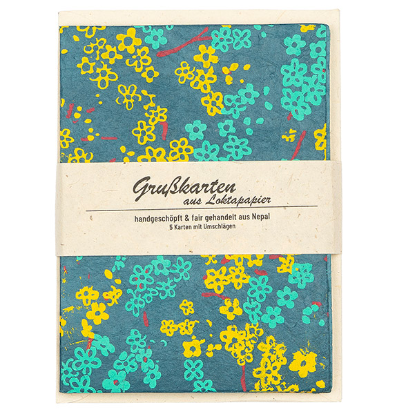 5 Karten mit Umschlag, BLÜMCHEN, petrol-gelb-türkis-fuchsia / CONTIGO Fairtrade Onlineshop