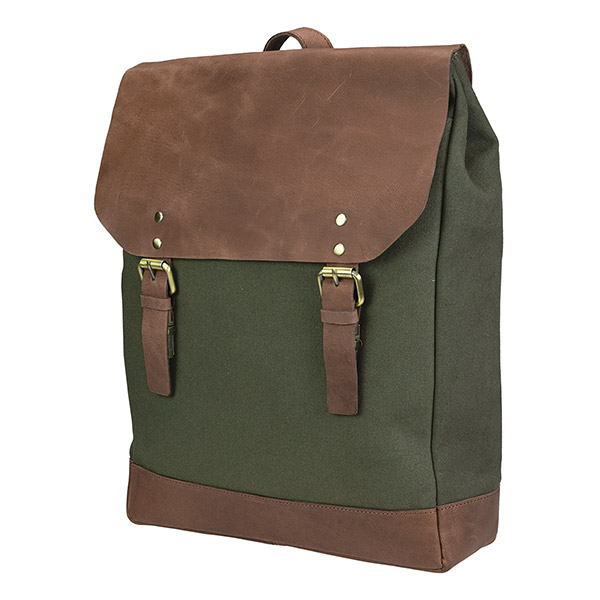 Laptop-Rucksack waldgrün-camel, Leder und Biobaumwolle / CONTIGO Fairtrade Onlineshop