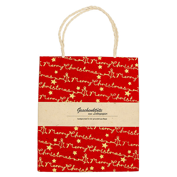 Geschenktüte M MERRY CHRISTMAS, rot-gold, Loktapapier / CONTIGO Fairtrade Onlineshop