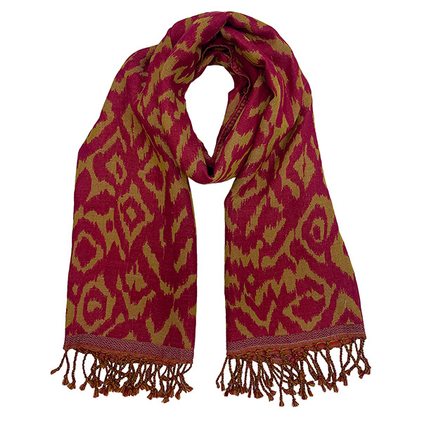 Wollschal IKAT, dunkelrot-beige, wendbar, 180 x 70 cm, 100 % Wolle