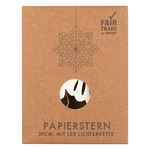 Faltstern Schneeflocke mit LED 30cm, weiß, Papier / CONTIGO Fairtrade Onlineshop