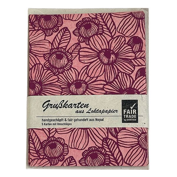 5 Karten mit Umschlag, SCANDI DAISY FLOWER, koralle-beere, Loktapapier handgeschöpft