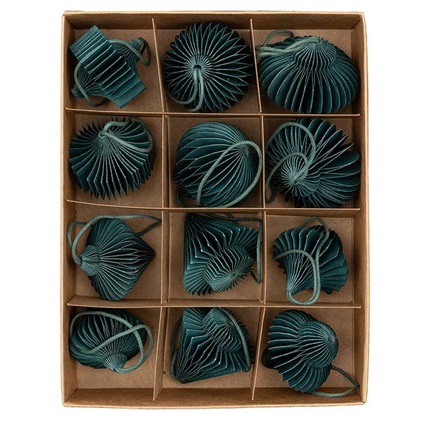 -15% Set 12 Mini Ornamente Origami, dunkelgrün, Papier SONDERPREIS
