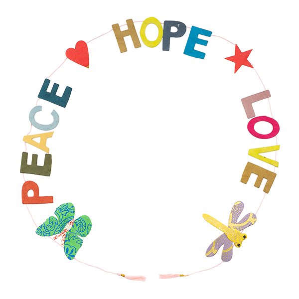 Girlande PEACE, HOPE, LOVE bunt, 100cm, Loktapapier handgeschöpft