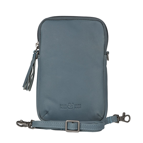 Handtasche SMARTPHONE TUSSEL rauchblau, Rindsleder / CONTIGO Fairtrade Onlineshop