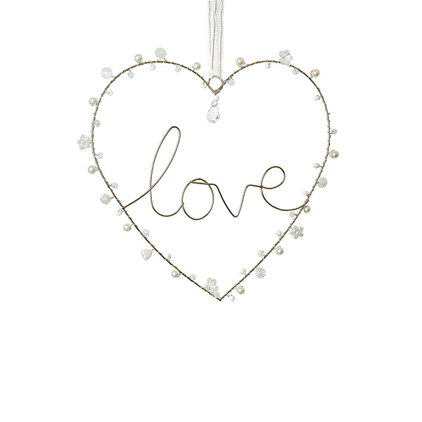 Perlendekoration HERZ 17 cm,"love", weiß