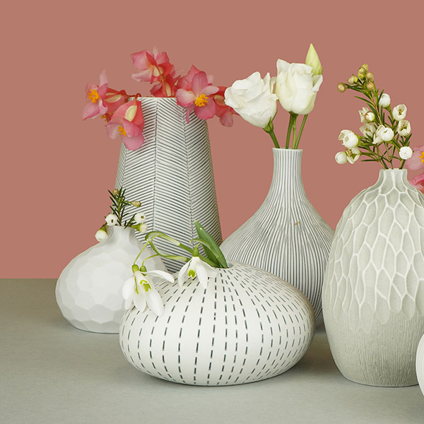 Vase PEBBLE flach, 6x14 cm, grau-weiß, Keramik handgemacht