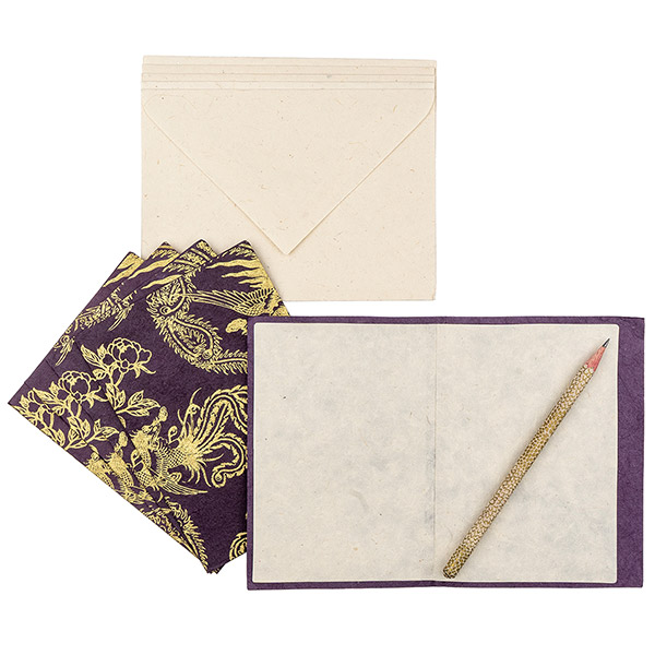 5 Karten mit Umschlag PHOENIX violet-gold, Lokta / CONTIGO Fairtrade Onlineshop