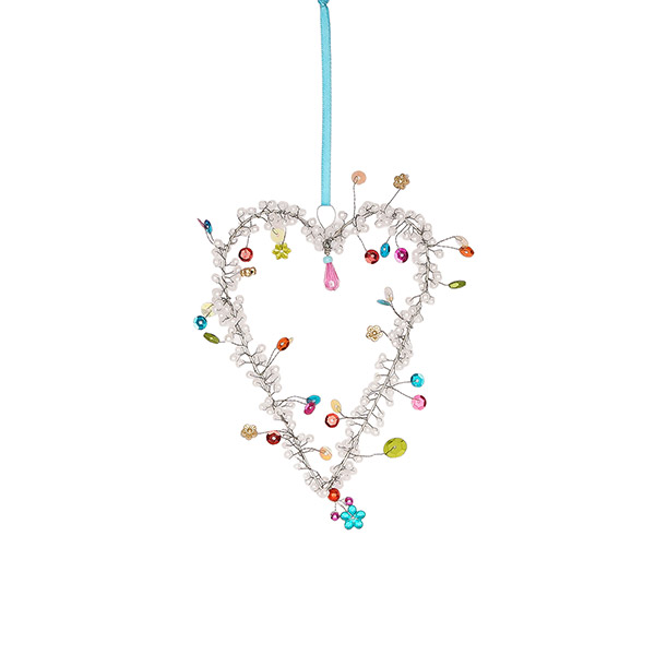 Perlendekoration HERZ 9x12 cm, weiß-bunt / CONTIGO Fairtrade Onlineshop