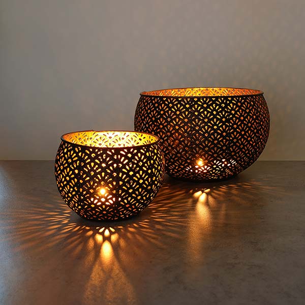 Windlicht 22x15cm , FLOWER BOWL, schwarz-gold, Eisenblech / CONTIGO Fairtrade Onlineshop