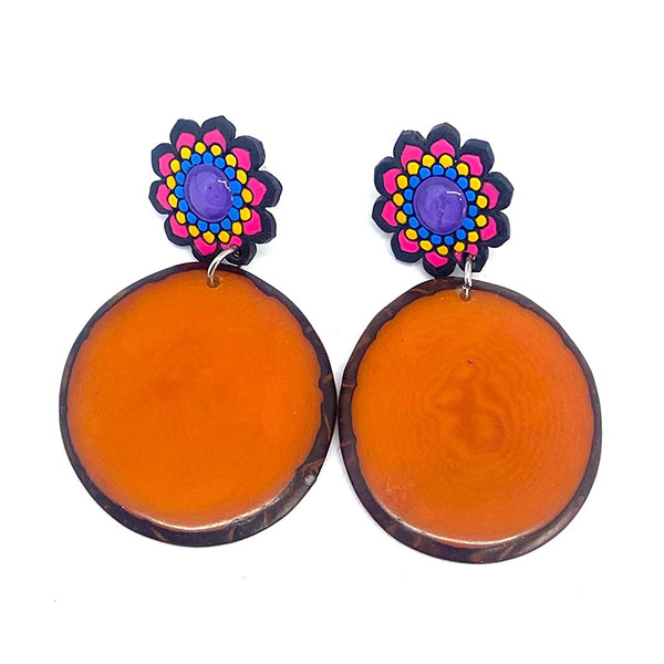 Ohrringe DUO orange bunt, Tagua und Flaschenkürbis