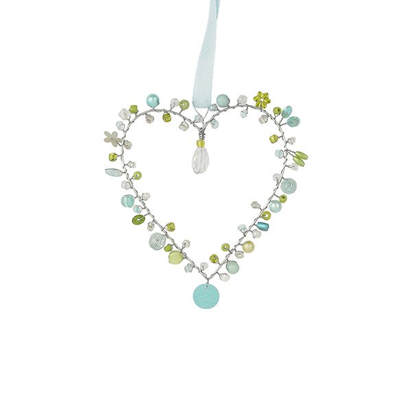 Perlendekoration HERZ 8 cm mit Kristall, aqua