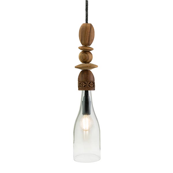 Deckenlampe DIMBANI Holzperlen klar, Weinflasche recycelt / CONTIGO Fairtrade Onlineshop