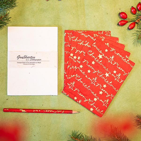 5 Karten mit Umschlag MERRY CHRISTMAS rot-gold, Loktapapier handgeschöpft