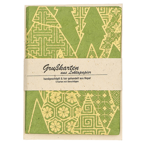 5 Karten mit Umschlag WEIHNACHTSWALD, grün gold  Loktapapier / CONTIGO Fairtrade Onlineshop