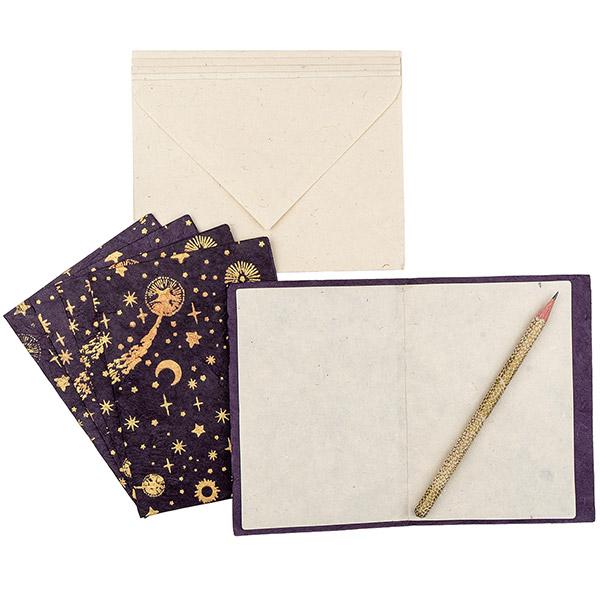5 Karten mit Umschlag FIRMAMENT violet-gold-kupfer, Lokta / CONTIGO Fairtrade Onlineshop