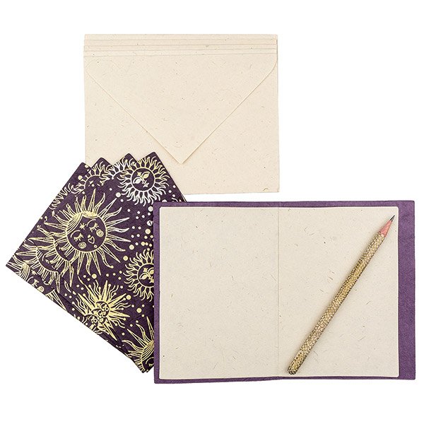 5 Karten mit Umschlag SOLAR violet-gold-silber, Lokta / CONTIGO Fairtrade Onlineshop