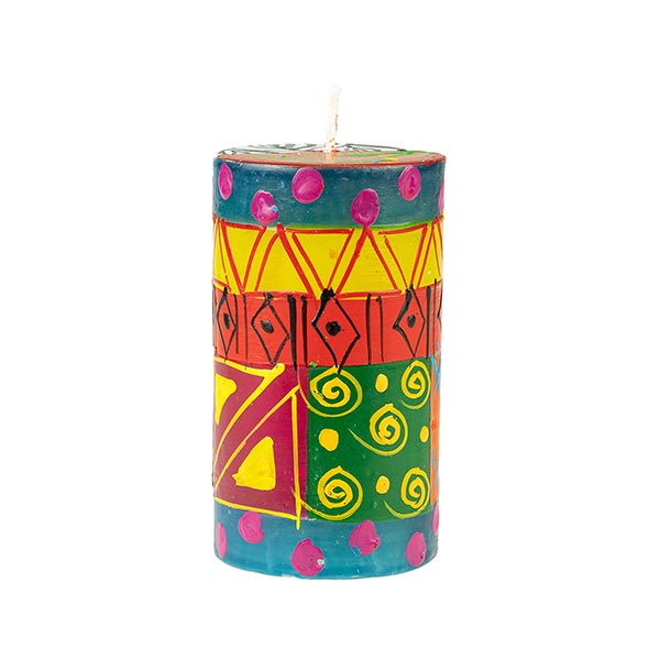 Stumpenkerze 6x10cm MULTICOLORED ETHNIC, Kapula / CONTIGO Fairtrade Onlineshop