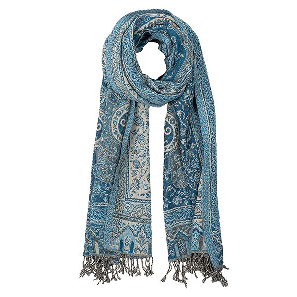 Wollschal PAISLEY jeansblau-braun, 200x70cm, 100 % Wolle