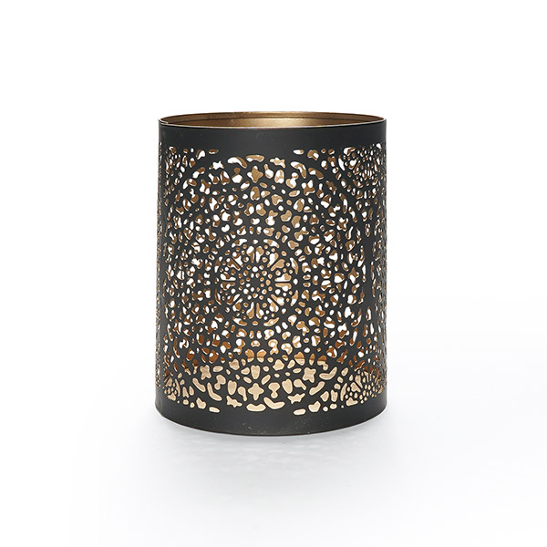 Windlicht 10x13cm, WHEEL OF LIFE, schwarz-gold, Eisenblech