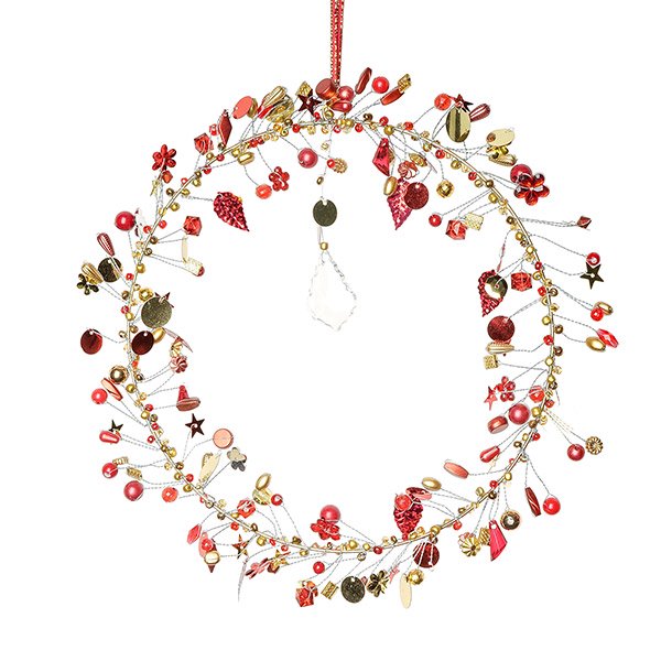 Perlendekoration KRANZ mit Kristall 20cm, rot-gold