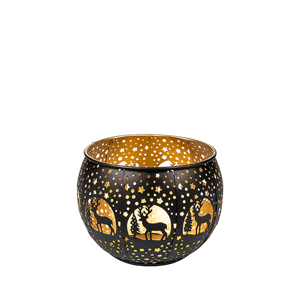 Windlicht rund,15x10cm, XMAS FOREST,schwarz-gold,Eisenblech