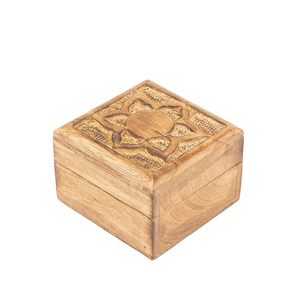 Holzschachtel Aufbewahrung 10cm mit Schnitzerei , Mangoholz / CONTIGO Fairtrade Onlineshop