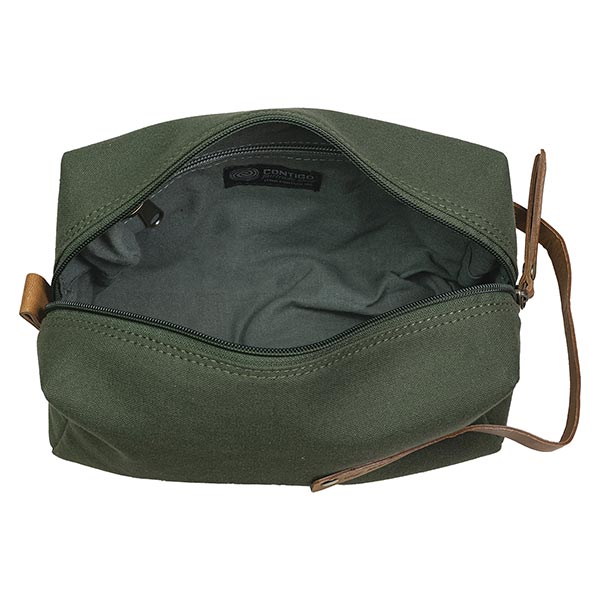 Kulturtasche CUBE waldgrün, Leder und Bio-Baumwollcanvas / CONTIGO Fairtrade Onlineshop