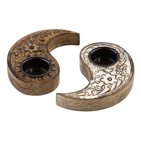 Teelicht-Halter YINYANG handgeschnitzt, Mangoholz / CONTIGO Fairtrade Onlineshop