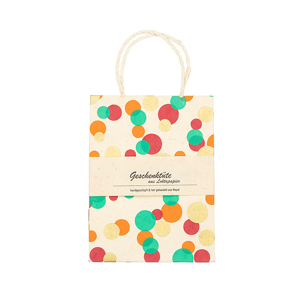 Geschenktüte S PÜNKTCHEN, natur-türkis-gold-fuchsia-orange / CONTIGO Fairtrade Onlineshop
