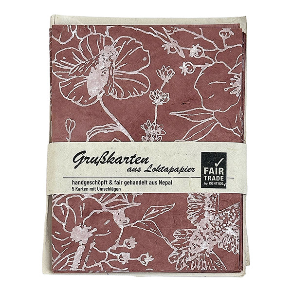 5 Karten mit Umschlag, BUTTERFLY FLOWER, litschi-weiß, Lokta / CONTIGO Fairtrade Onlineshop