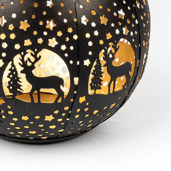 Windlicht rund,15x10cm, NIGHT FOREST, schwarz-gold, Eisenblech, handgemacht