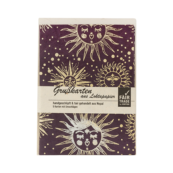 5 Karten mit Umschlag SOLAR violet-gold-silber, Lokta / CONTIGO Fairtrade Onlineshop