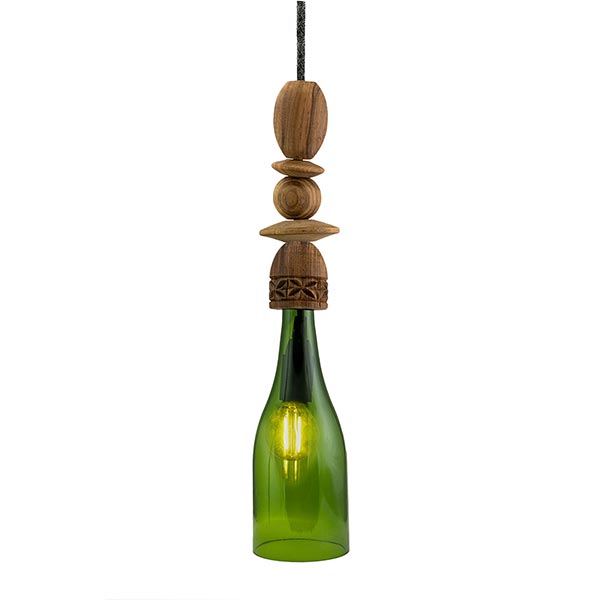 Deckenlampe DIMBANI Holzperlen grün, Weinflasche recycelt / CONTIGO Fairtrade Onlineshop