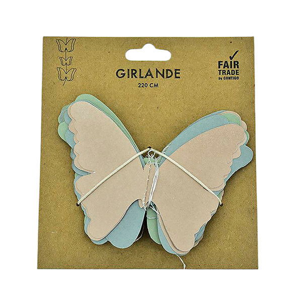 Girlande Schmetterlinge 3D, 220 cm, mintgrün-rosa-hellblau, Papier / CONTIGO Fairtrade Onlineshop