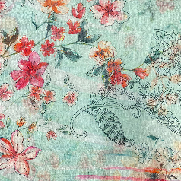 Schal PAISLEY FLOWER, türkis-bunt, 180x70 cm, 100 % Leinen / CONTIGO Fairtrade Onlineshop