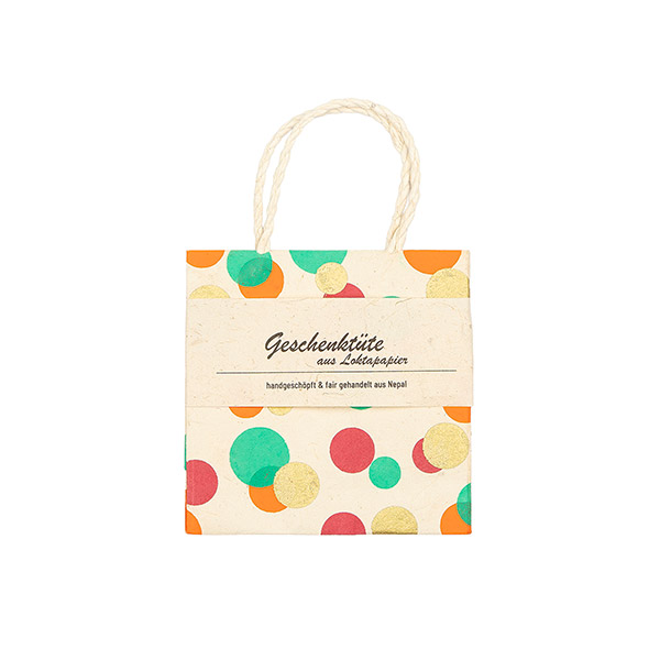 Geschenktüte XS PÜNKTCHEN, natur-türkis-gold-fuchsia-orange / CONTIGO Fairtrade Onlineshop