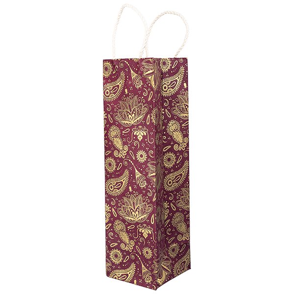 Geschenktüte Flasche PAISLEY beere-gold, Loktapapier handgeschöpft