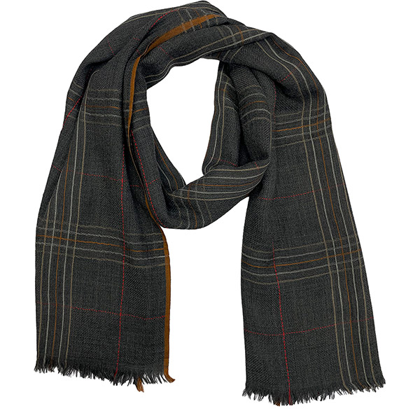 Webschal TARTAN, kariert, grau-orange, 180x70 cm, 94 % Wolle, 6 % Seide