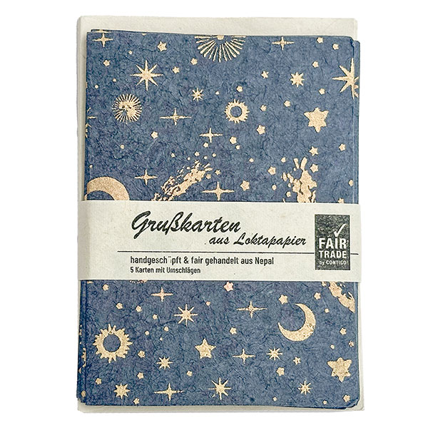 5 Karten mit Umschlag FIRMAMENT nachtblau-gold-kupfer, Loktapapier handgeschöpft