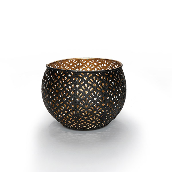 Windlicht 15x10cm, FLOWER BOWL, schwarz-gold, Eisenblech