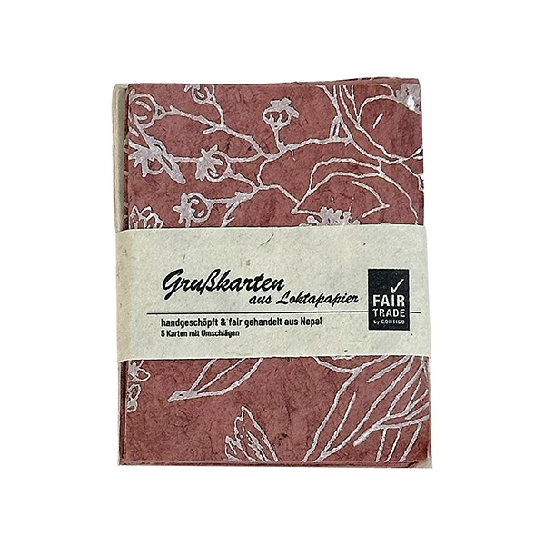 5 Mini Karten mit Umschlag, BUTTERFLY FLOWER, litschi-weiß, Loktapapier handgeschöpft