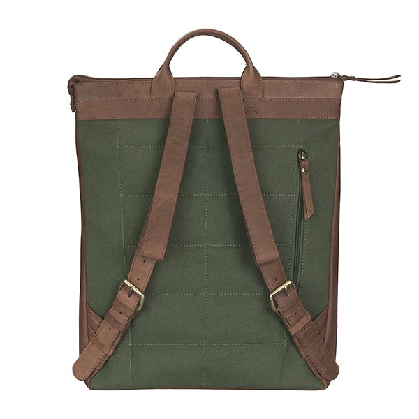 Rucksack PAPERBAG, waldgrün, Leder und Bio-Baumwollcanvas / CONTIGO Fairtrade Onlineshop